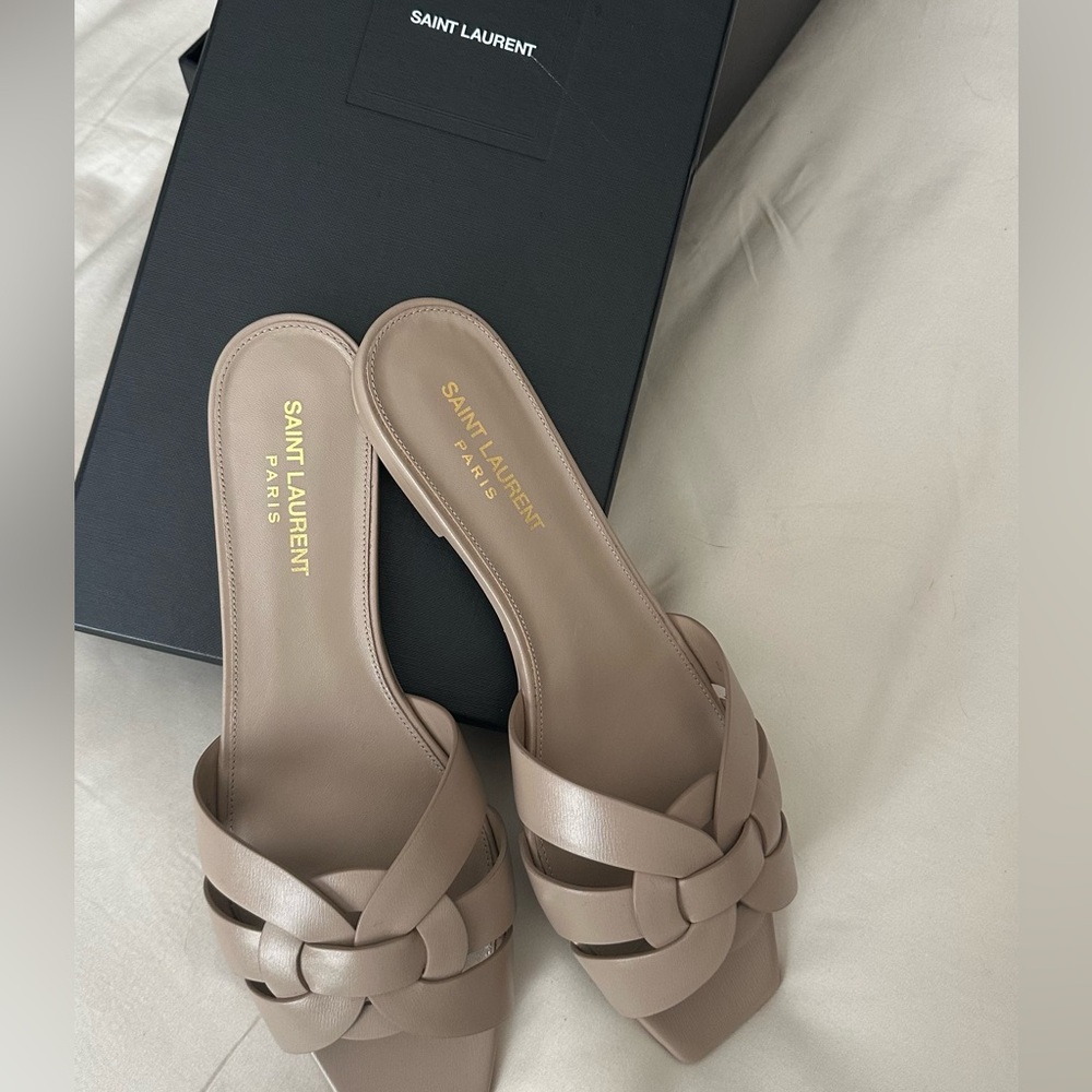 Saint Laurent Beige Tribute Mule Sandals with Woven Design